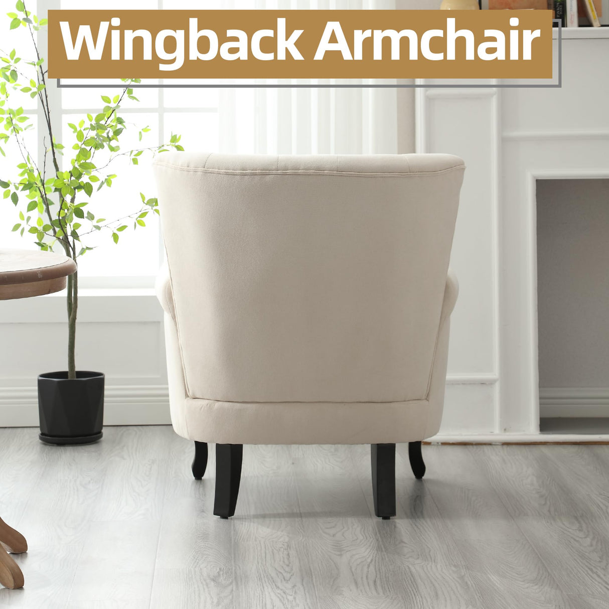 ABET Linen Wingback Chair Set of 2, Upholstered Club Chair for Living Room, Modern Rivet Trim Accent Armchair with Removable Lumbar Pillow, Comfy Single Sofa for Living Reading Room, Beige ABET