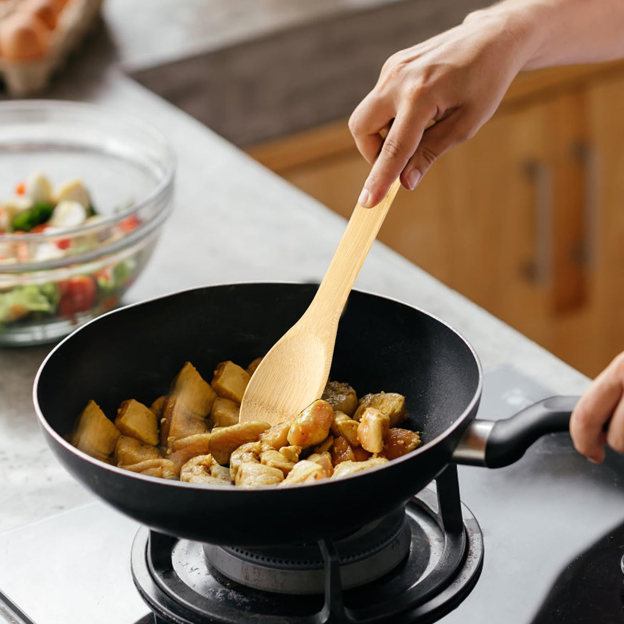 Bamboo Wooden Spoons for Cooking 7 Piece - Bamboo Cooking Utensils Set with Holder Wooden Spoons Spatula for Cooking Nonstick Wood Kitchen Utensil Set (7 Pcs) YIANSOL