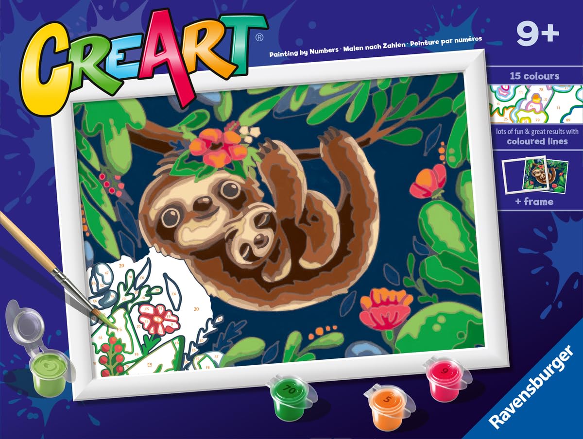 Ravensburger CreArt Sweet Sloths Paint by Numbers Kit for Kids - Painting Arts and Crafts for Ages 9 and Up Ravensburger