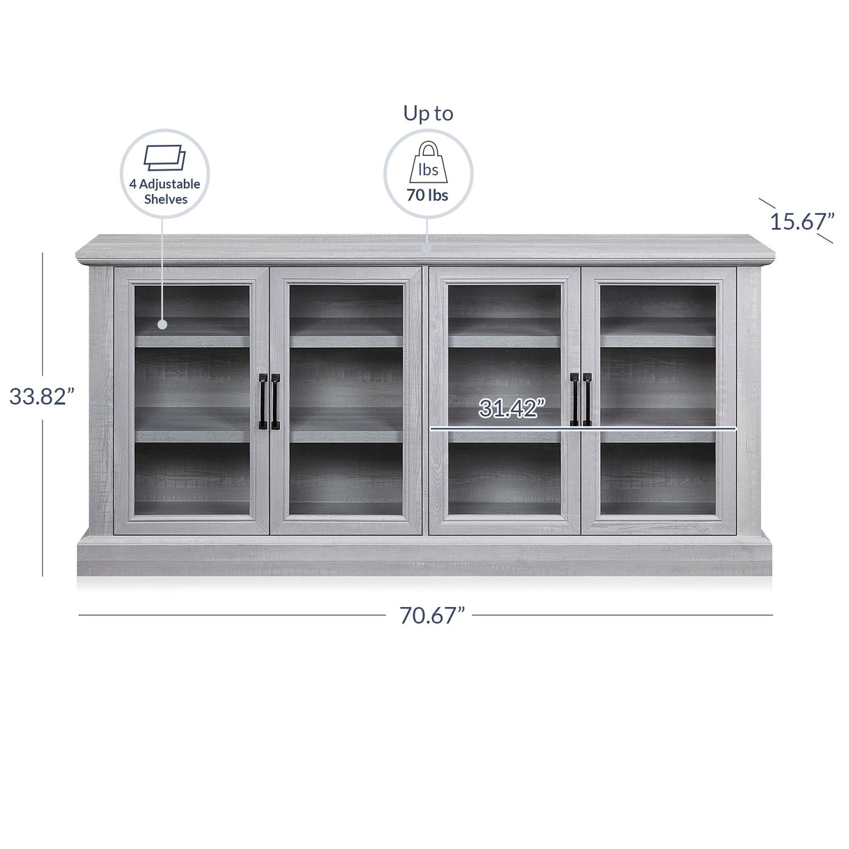 BELLEZE 70 Inch Sideboard Buffet Cabinet, Entertainment Center with Storage, Glass Display Cabinet with Adjustable Shelves Console Table Storage BELLEZE