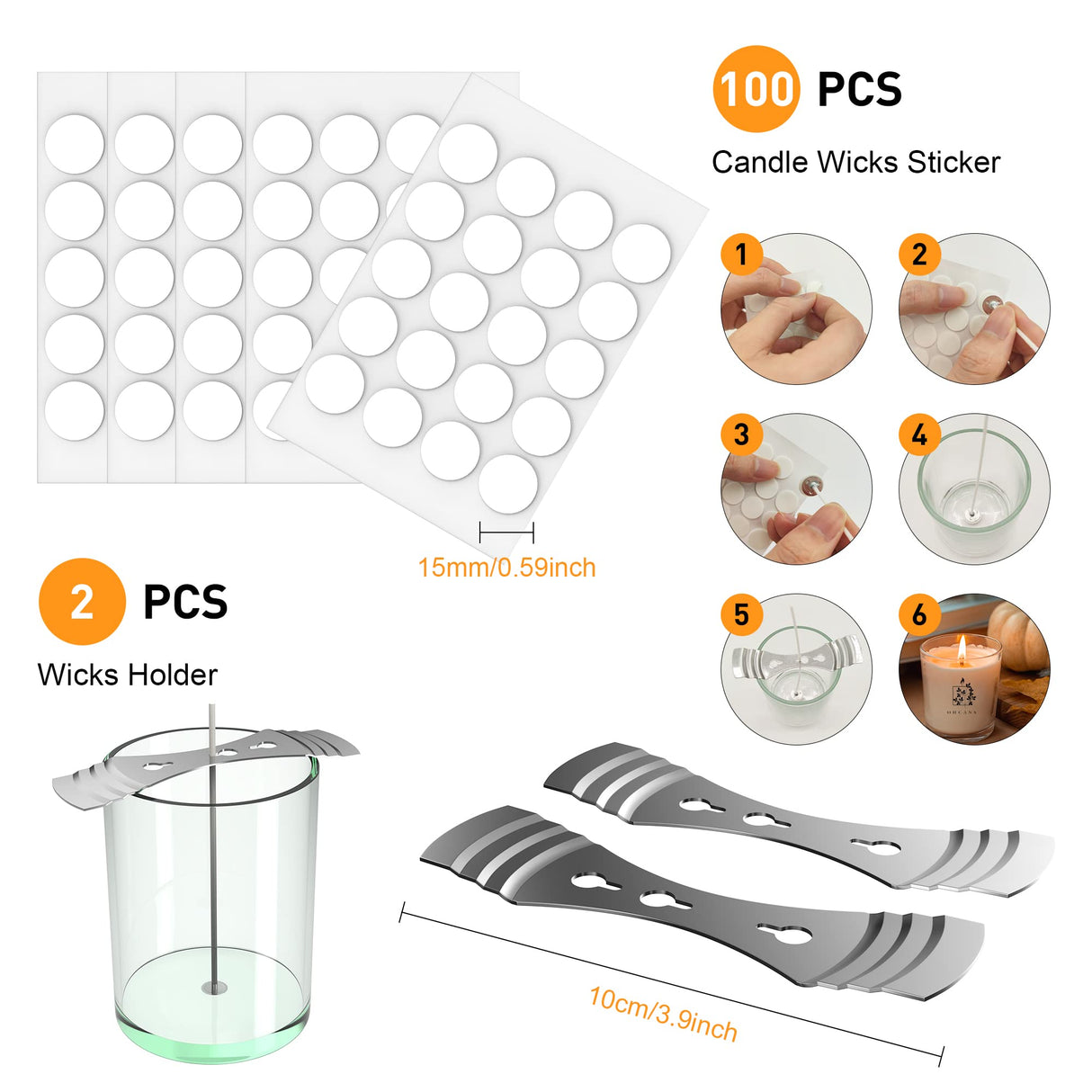 Ohcans 100 Pcs Cotton Candle Wick 8'',Wicks Coated with Paraffin Wax, 100PCS Candle Wick Stickers and 2PCS Metal Candle Wick Holders for Candle Making, Suit for Soy Beeswax Candle Making DIY Ohcans