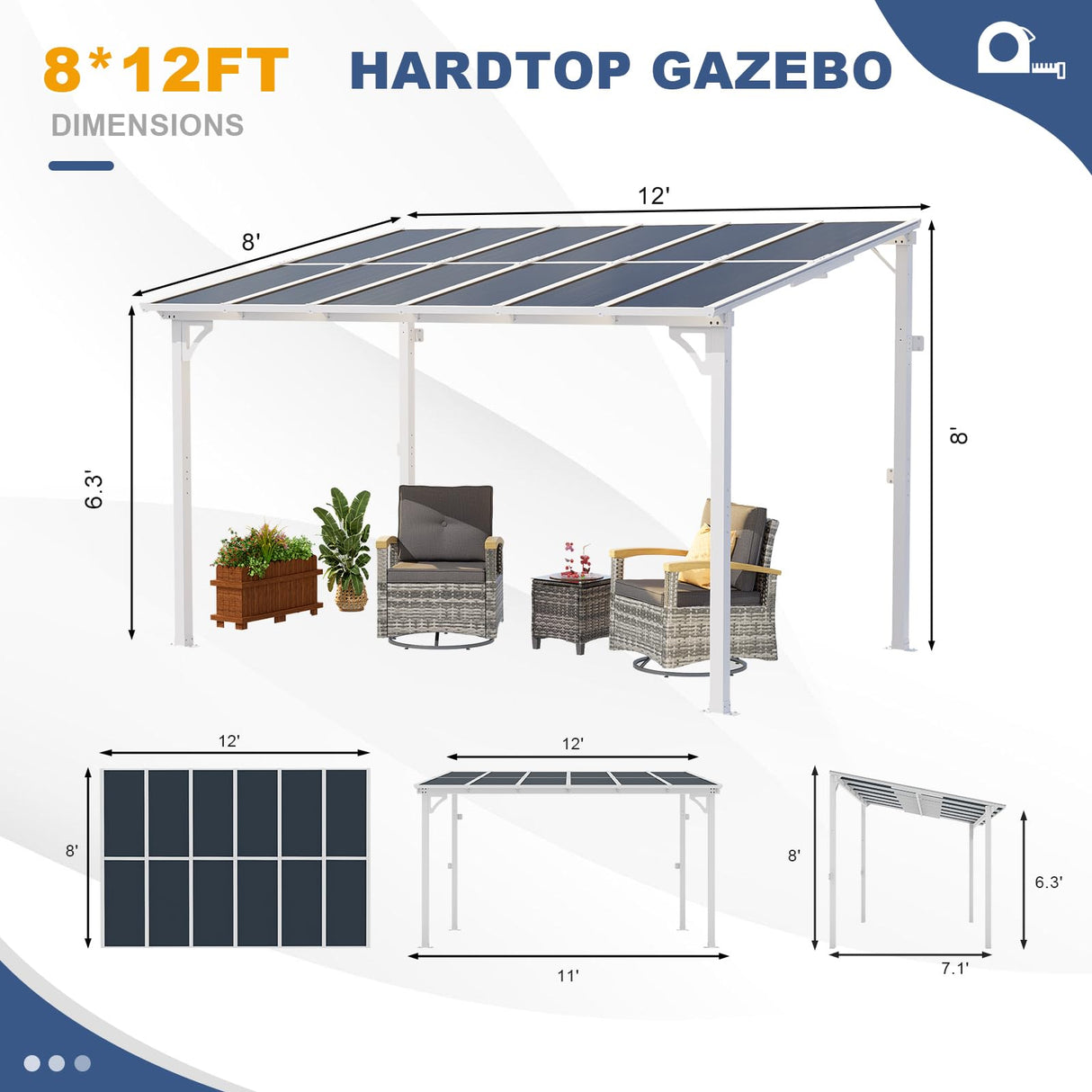 MEISSALIVVE 8' x 12' Wall Mounted Lean to Metal Awnings with Sloped Roof, Outdoor Patio Gazebo Awning for Backyard, Deck, White MEISSALIVVE