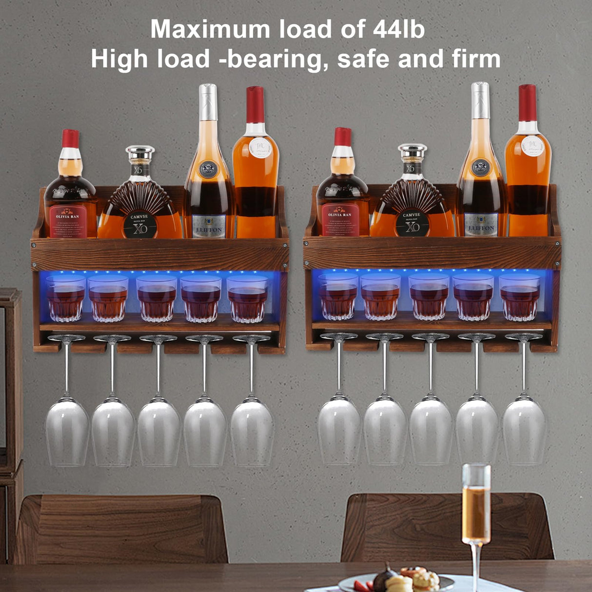 TIRYIUOU 2 Pack Wall Mounted Wine Rack, Wood LED Wine Glass Rack, Bar Shelf, Wine Glass Holder Wall Mounted, Floating Bar Shelves for Kitchen, Dining Room, Home Bar TIRYIUOU