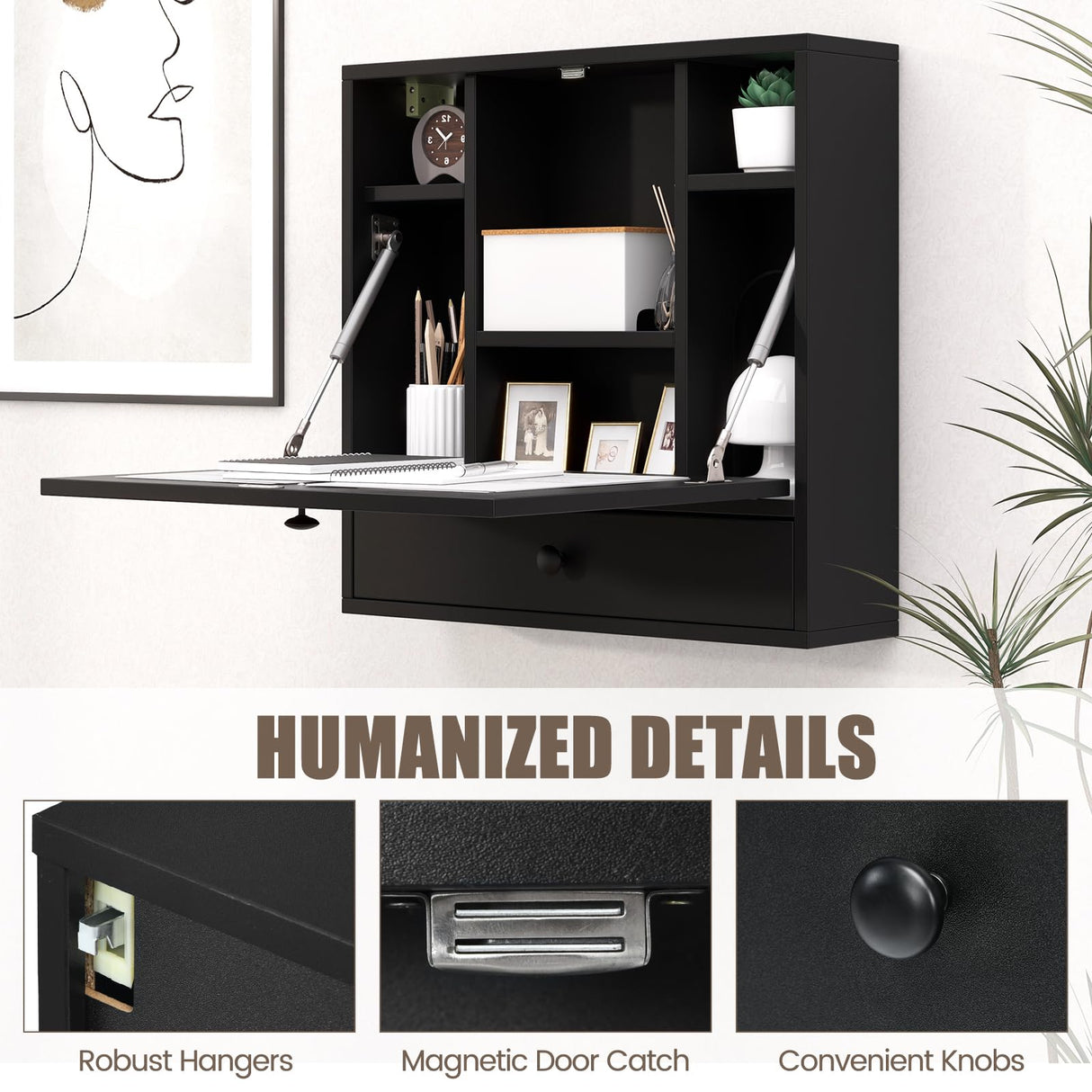 IFANNY Folding Wall Desk, Wood Wall Mounted Desk with Storage Drawer and Shelves, Fold Down Wall Mount Laptop Desk, Corner Floating Desk for Small Spaces (Black) IFANNY