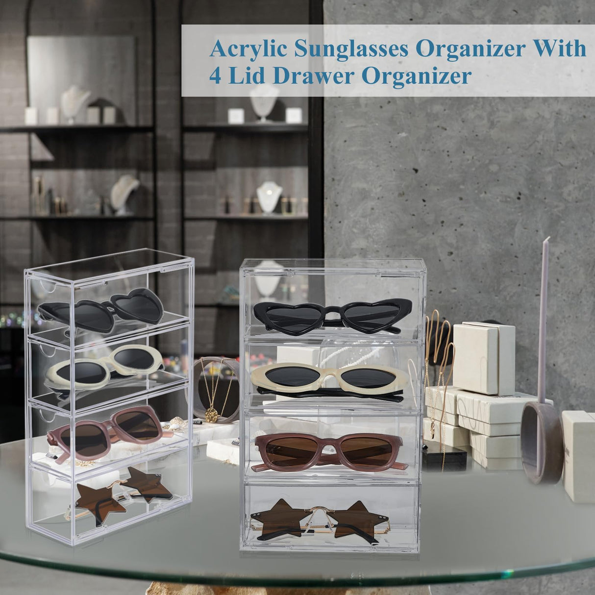 Sintuff 2 Pieces Acrylic Sunglass Organizer Clear Sunglass Holder with 4 Drawers Glasses Organizer for Women Clear Eyeglass Holder Eyewear Display Case Multiple Pair for Glasses Jewelry Watch Storage Sintuff