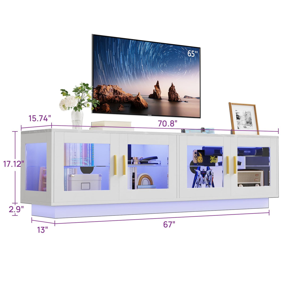 71 Inch TV Stand Modern Entertainment Center with LED Light, Glass Doors and Adjustable Storage Shelves Media Console TV Cabinet for Living Room Bedroom-White wonline