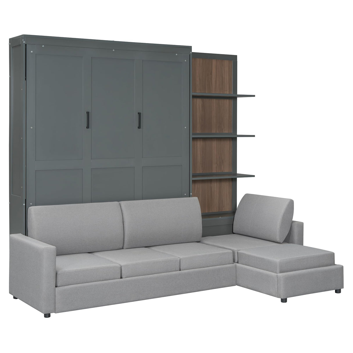 Harper & Bright Designs Queen Size Murphy Bed, Wood Queen Wall Bed with Sofa and Shelves, Gray Harper & Bright Designs