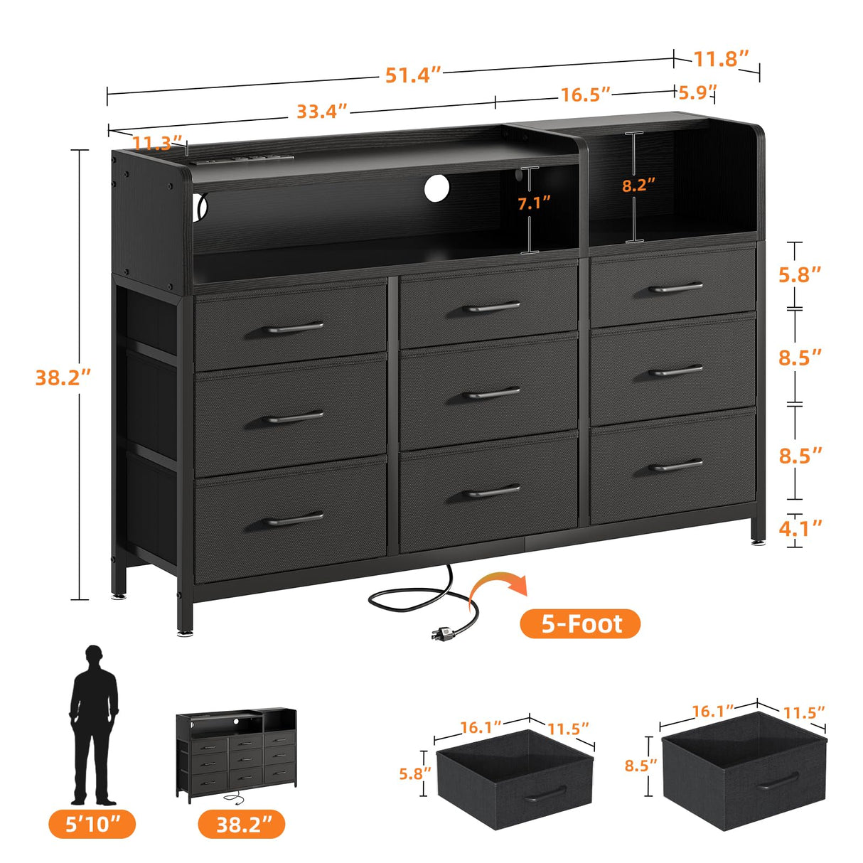 Casaottima Dresser for Bedroom with LED Lights, 9 Drawer Bedroom Dresser with Charging Station, Fabric Dressers & Chest of Drawers with Shelves for Closet, Sturdy Steel Frame Wooden Top, Black Casaottima
