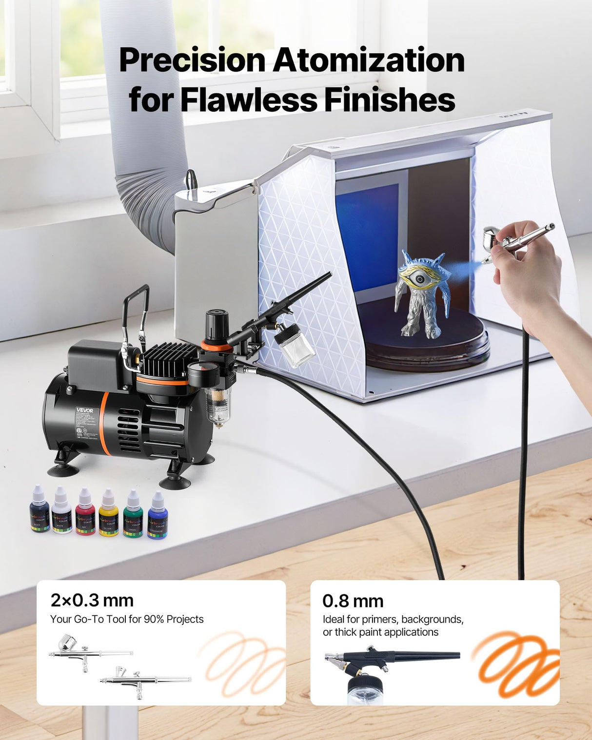 VEVOR Airbrush Kit, 1/6 HP, Air Brush Kit with Air Compressor, 3 Dual-Action Professional Airbrushes with 3 Tips, Hose, Acrylic Paint, 2 Fans, Low Noise, for Cake Decorating, Model Painting, Nail Art VEVOR