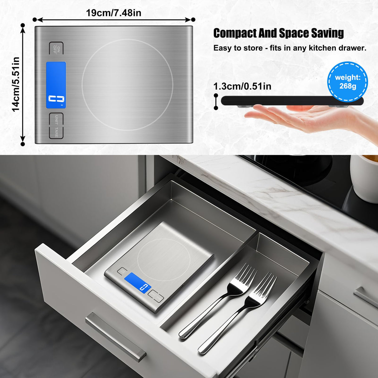 33lb Rechargeable Food Scale, Diyife 304 Stainless Steel Digital Kitchen Scale with 3 Buttons, Weight Grams and Ounces for Baking, Cooking, 5 Units with Tare Function, LCD Display, 2 AAA Batteries Diyife