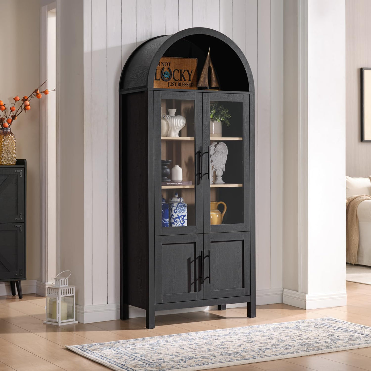 WINWY 71" Tall Arched Display Cabinet, 5-Tier Bookshelf Modern Farmhouse Arched Bookcase with Glass Doors and Shelves, Wooden Pantry Storage Cabinet for Living Room, Office and Kitchen, Black WINWY
