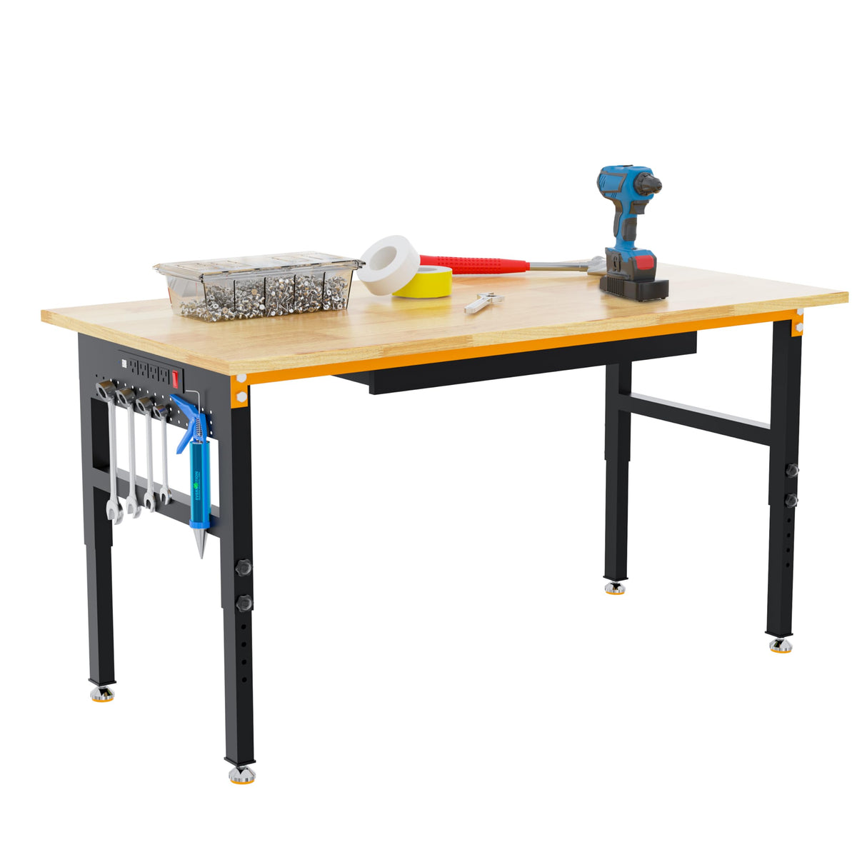 Betterhood 60" Adjustable Height Workbench, 2000 LBS Heavy Duty Work Table with Power Outlets & Pegboard, Rubber Wood Workstation for Garage, Workshop, Office, Home, Commercial Betterhood