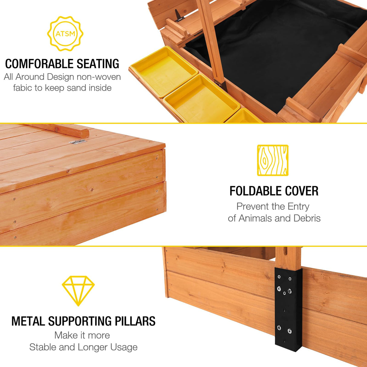 Aivituvin Kids Wooden Sandbox for Backyard, Large Sand Box with 2 Bench Seats and Toy Bin Storage- Bottomless Sand Pit Aivituvin