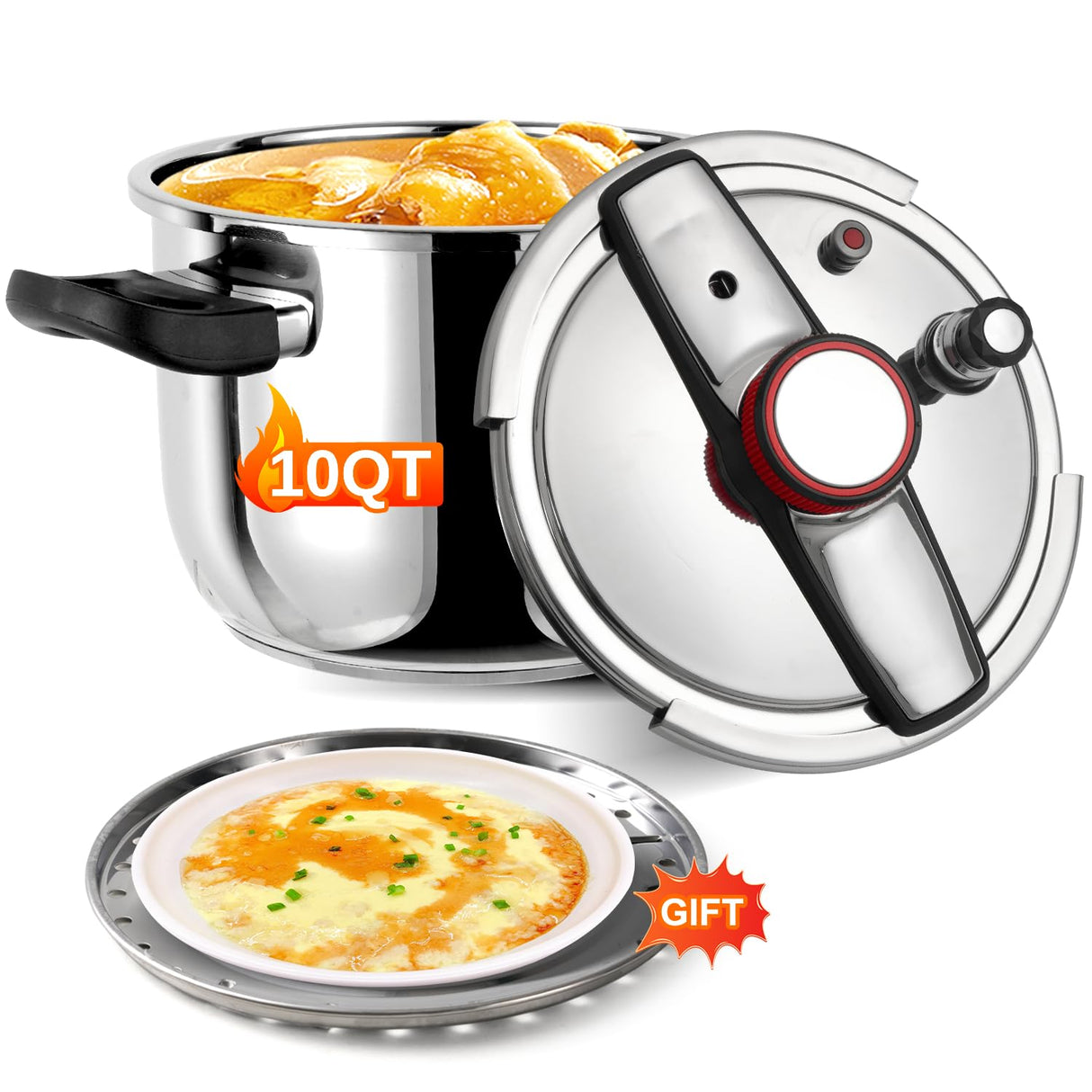 NYTRX Pressure Cooker 10 QT, Stainess Steel Pressure Canner 10 Quart, Explosion-Proof Cookware, Rotating Lock/Unlock Lid, One-handed lid opening, Thickened Silicone Ring And Anti-scald Handle, Silver NYTRX