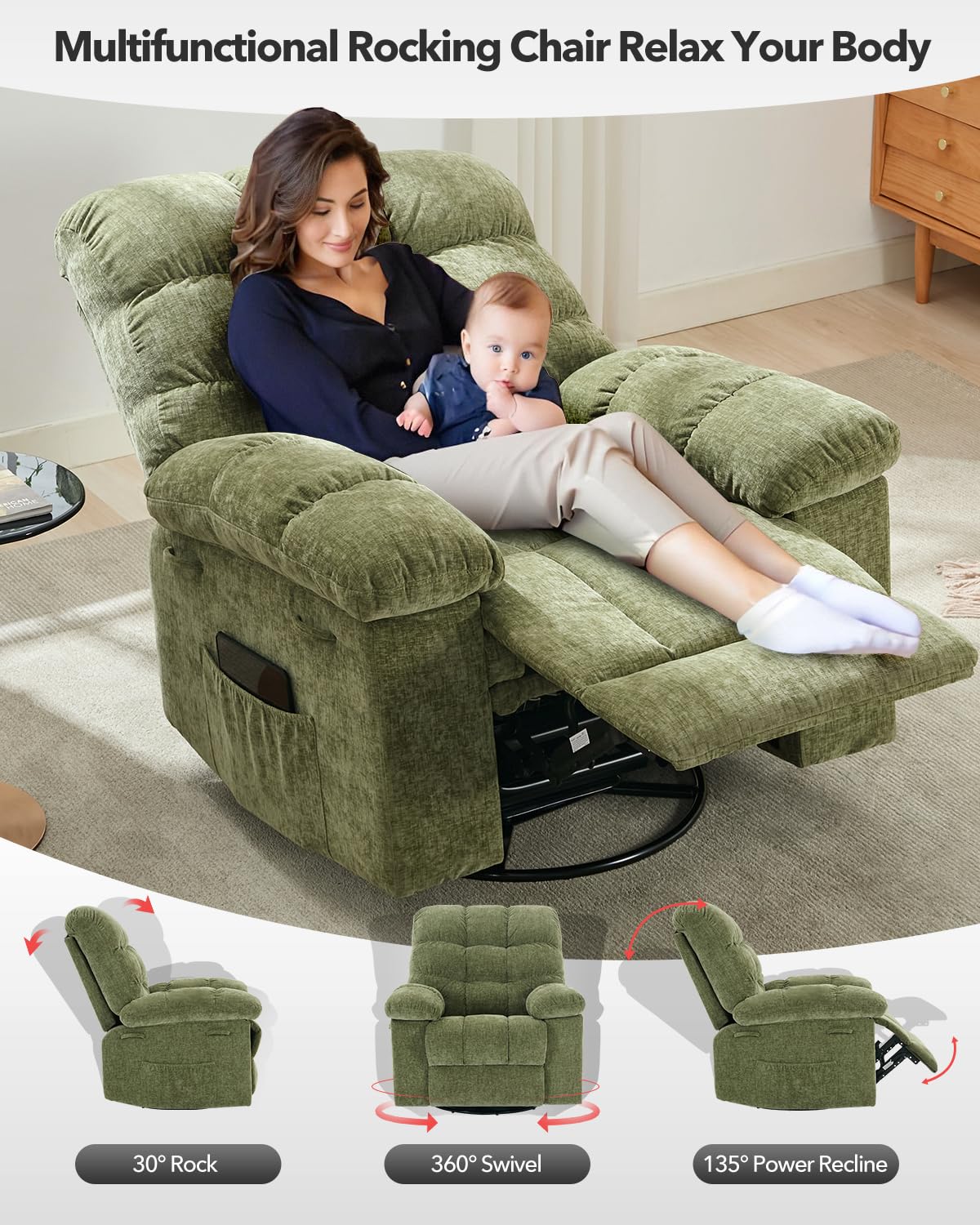 GarveeHome Rocking Recliner Chair, 360° Swivel Rocker Chair for Living Room, Upholstered Fabric Glider Nursery Chair with Side Pockets for Small Spaces, q235 Steel Frame Lazy Boy Recliner Single Sofa GarveeHome