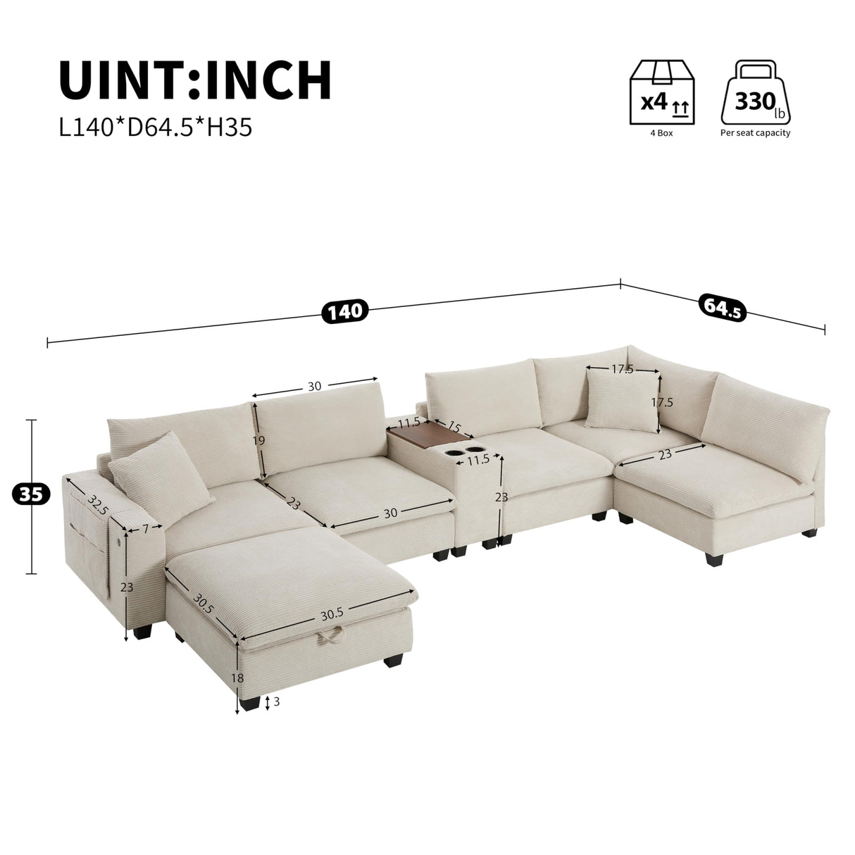 Merax 140'' Oversized Modular Sectional Sofa with Storage Ottoman and Console, Removable Storage Pockets, Cup Holder, Wide Seat, USB Charger, 6 Seat U Shaped Chenille Couch Set for Living Room, Beige Merax