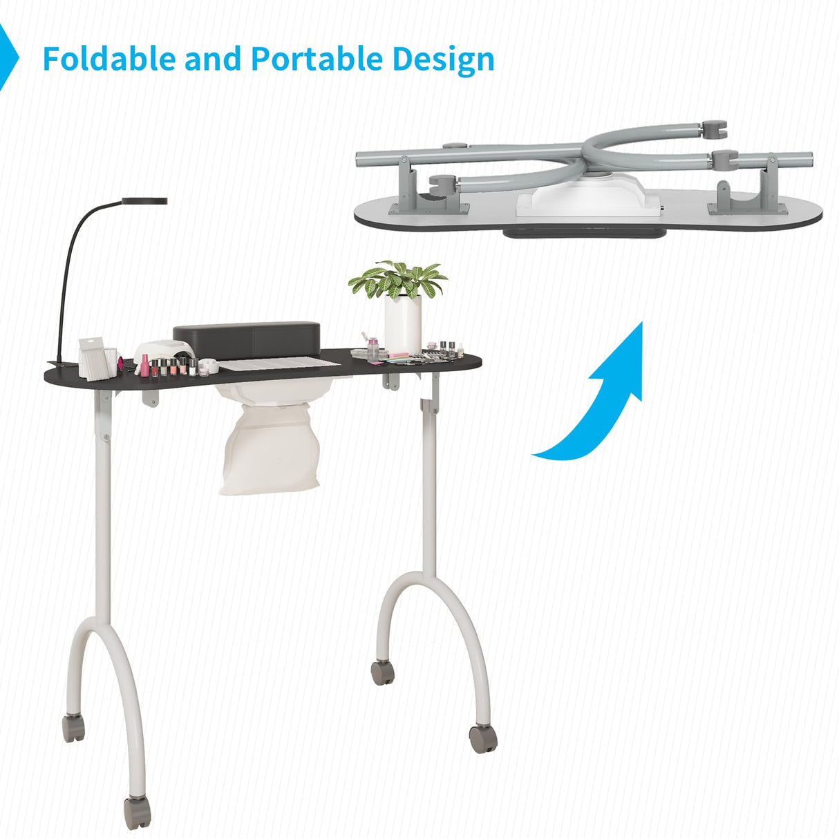 TABU Portable Manicure Nail Table, Foldable Manicure Table with Dust Collector Fan, LED Lamp, 4 Lockable Wheels and Carry Bag, Professional Nail Desk TABU