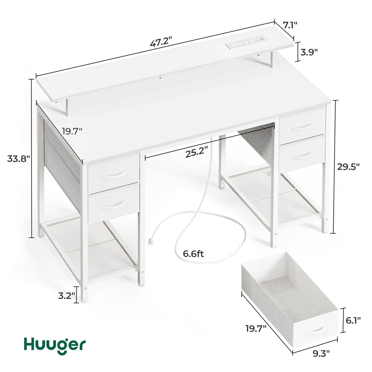 Huuger 47 inch Computer Desk with 4 Drawers, Gaming Desk with LED Lights & Power Outlets, Home Office Desk with Large Storage Space for Bedroom, Work from Home, White Huuger