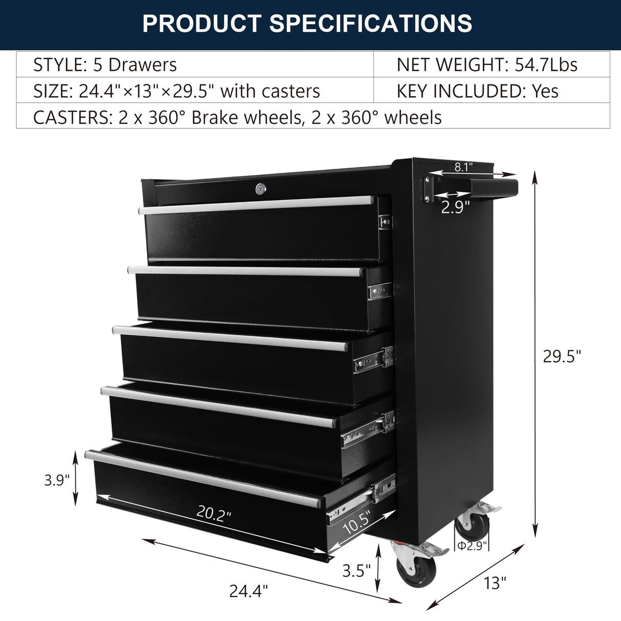 Tool Chest with Wheels,Metal Locking Rolling Tool Box with Tool Organizer Trays for Tool Storage Organizer,Garage,Portable Standing Mechanic Toolbox for Garage (5 Drawer Tool Box Black, 5 Drawer) BouPower