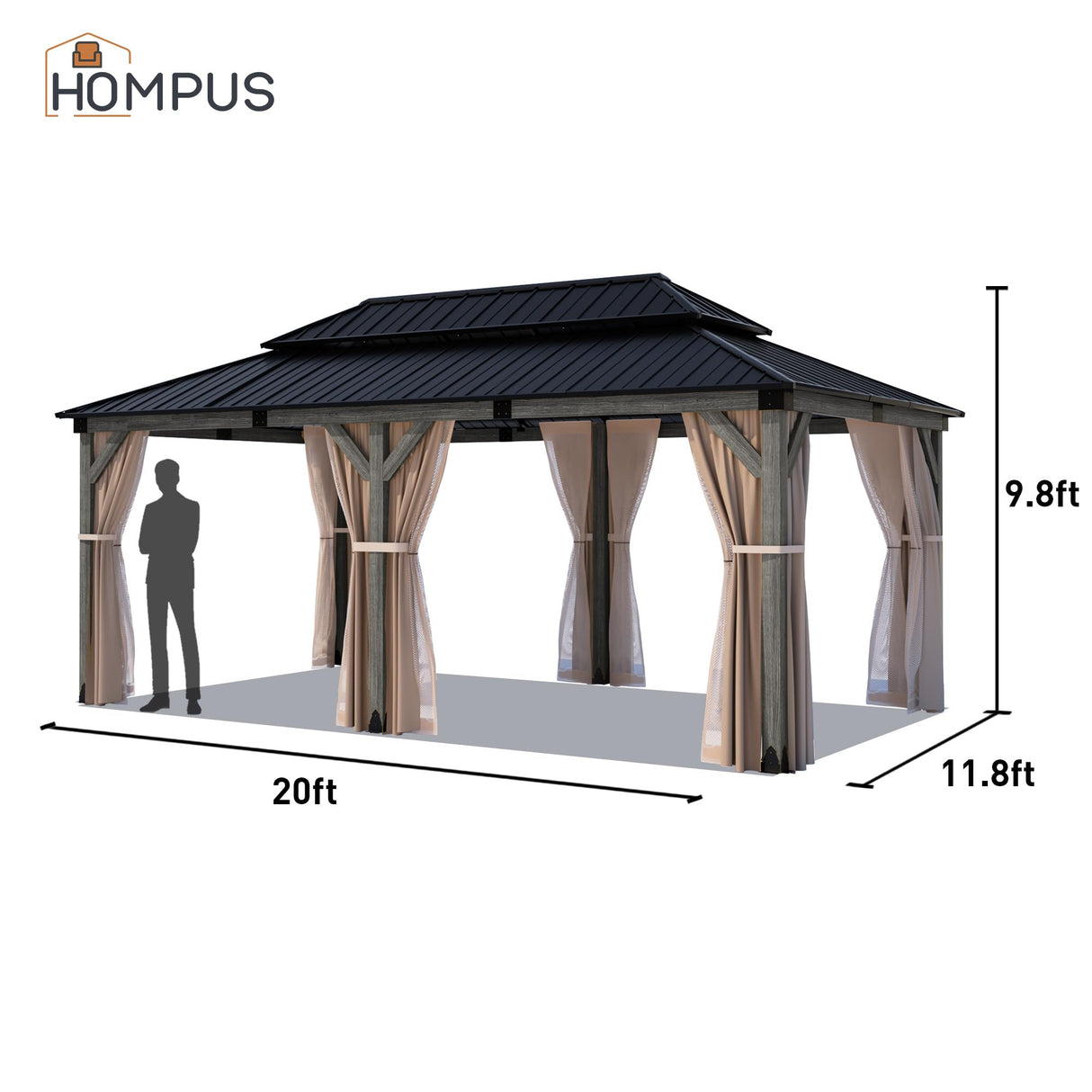 HOMPUS 12x20 FT Hardtop Wood Gazebo, Cedar Wood Frame Gazebo with Double Metal Roof, Outdoor Gazebo with Netting & Curtains, Wooden Gazebos Pavilion for Backyard, Garden, Deck, Gray HOMPUS