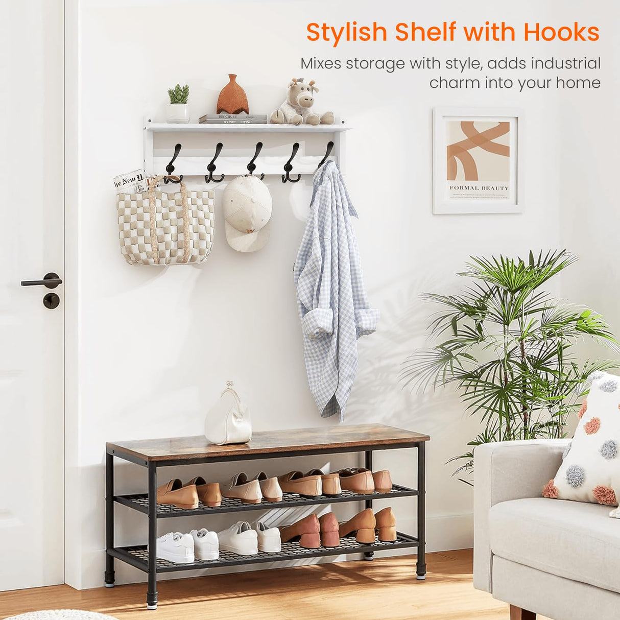 Homode Wall Shelf with Hooks, 24 Inch Coat Rack with Shelf, Farmhouse Entryway Floating Shelf with Tri Hooks, Coat Hanger with Storage for Bathroom, Entry Way, Mudroom, White Homode