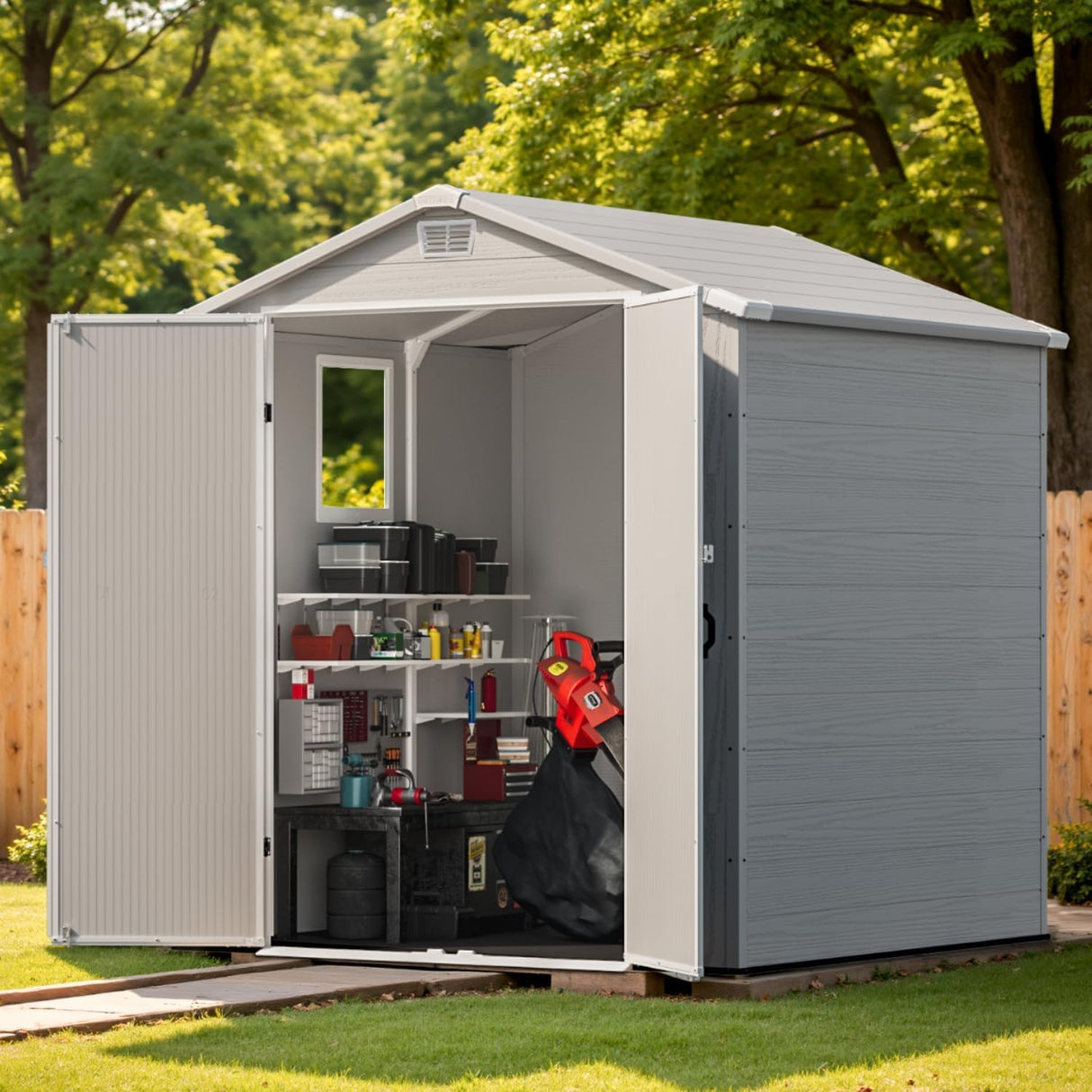 Patiowell 6x6 FT Outdoor Storage Shed with Floor - Resin Tool Shed with Lockable Door & 2 Windows, Easy Assembly for Garden, Backyard, Lawn Equipment, Light Grey Patiowell