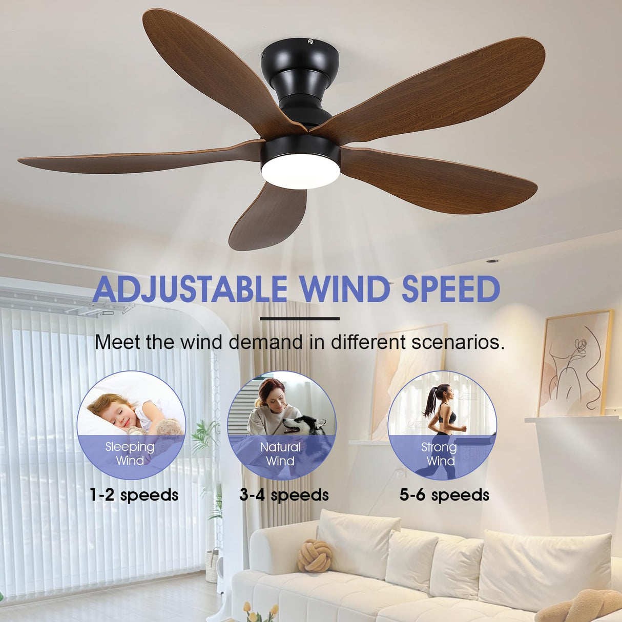 Kviflon 44 Inch Ceiling Fans with Lights, Modern Flush Mount Ceiling Fans with Remote/APP Control, Low Profile Ceiling Fans with 5 Reversible Curved Blades LED Lights 3 CCT Dimmable 6 Speeds, Brown Kviflon