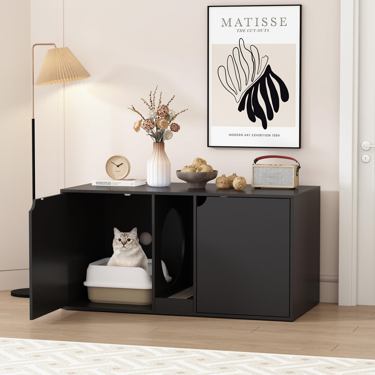 DAWNSPACES Large Cat Litter Box Enclosure for 2 Cats, Modern Wood Stackable Large Cat Washroom Storage Cabinet Bench End Table Furniture,with Removable Litter Box, Black DAWNSPACES