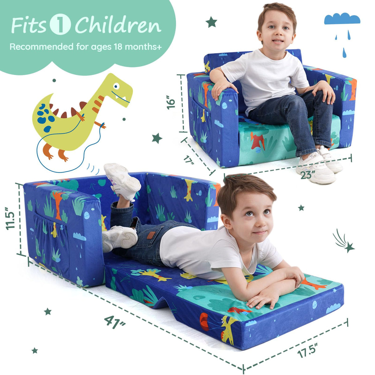 ACRABROS Kids Couch: Toddler Sofa Bed Fold Out for Gilrs Boys Baby Flip Out Convertible Lounge Chair Dinosaur ACRABROS