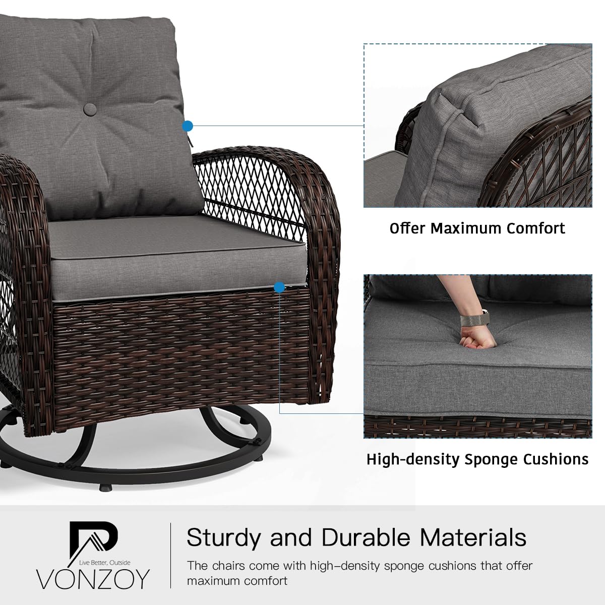 VONZOY 3 Pieces Patio Furniture Set, Outdoor Swivel Glider Rocker, Wicker Patio Bistro Set with Rocking Chair, Thickened Cushions and Table for Porch (Grey) VONZOY