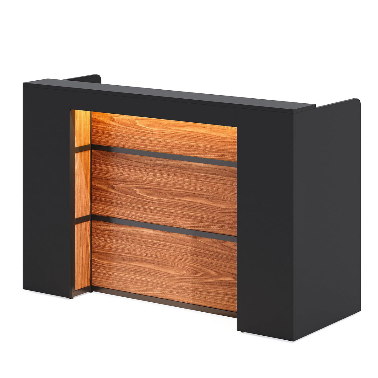 LITTLE TREE 63 Inches Reception Desk, Modern Reception Table with LED Light, Front Counter Desk, Wooden Checkout Counter for Lobbies, Salons, Retail, Home Offices, Reception Room, Black & Brown LITTLE TREE