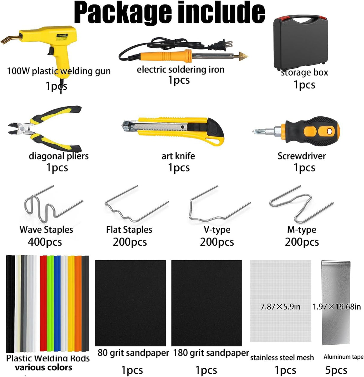 Plastic Welder, 2 in 1 Plastic Welding Kit, SONNLER 1000PCS Hot Stapler Plastic Repair Kit For Car Bumper Crack Repair with Plastic Iron Plastic Rods, Metal Mesh, Abrasive Paper, Aluminum Tape SONNLER