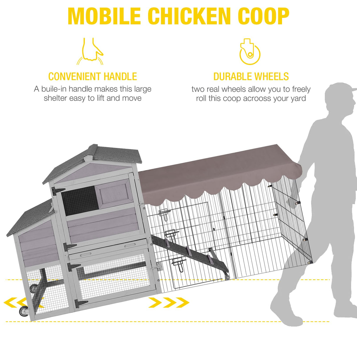 Aivituvin Chicken Coop Mobile Chicken House with Metal Chicken Run Outdoor Rabbit Hutch Wooden Hen House Chicken Tractor with Wheels 82" Aivituvin