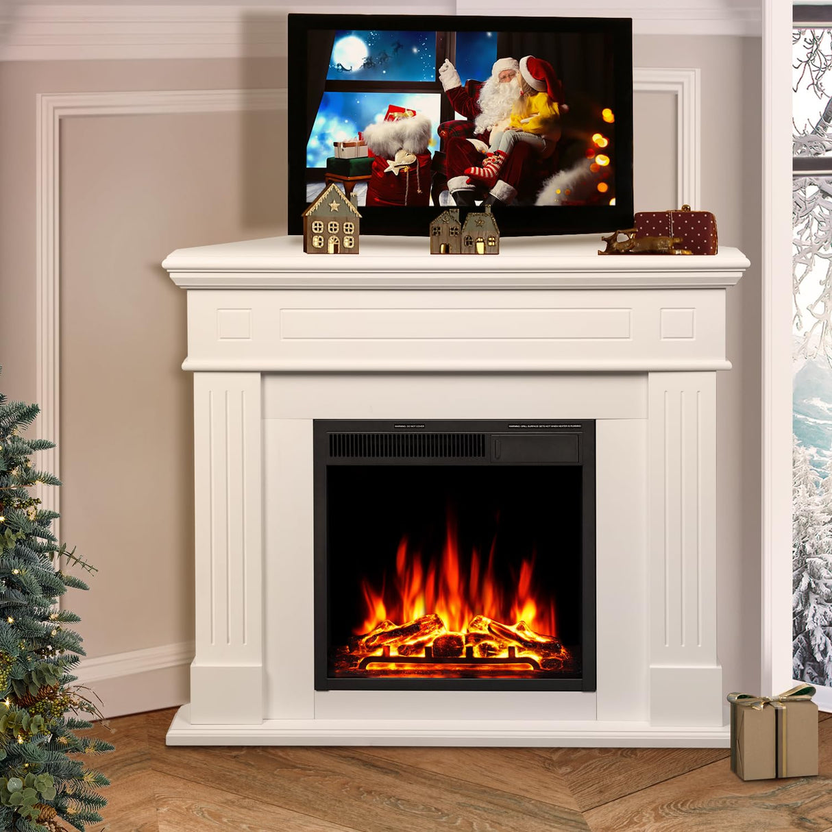 R.W.FLAME 43” Corner Electric Fireplace Mantel Wooden Surround Firebox, TV Stand with Freestanding Electric Fireplace, Remote Control, Adjustable Led Flame, 750W/1500W Pearl White R.W.FLAME