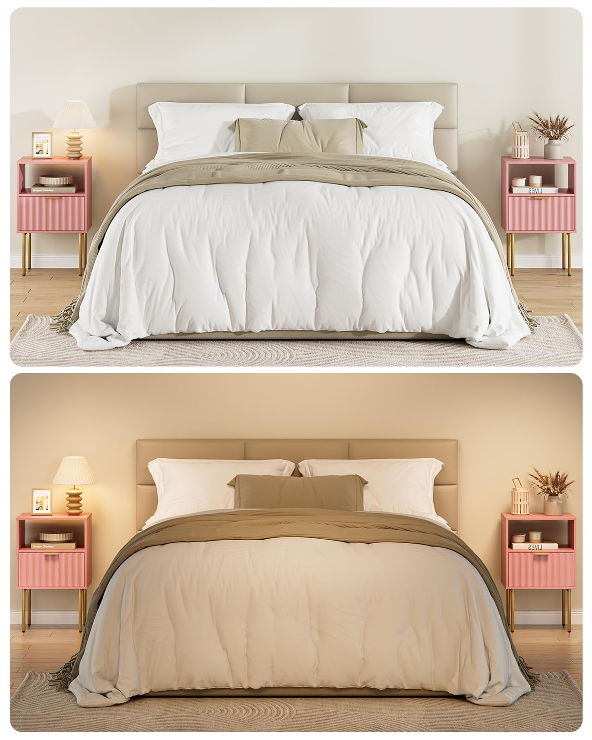 Aienvey Nightstand,Bedside Table with Gold Frame,Pink Night Stand,Bedside Furniture, Modern Side Table with Drawer and Shelf for Bedroom,Living Room (Pink, Large) Aienvey