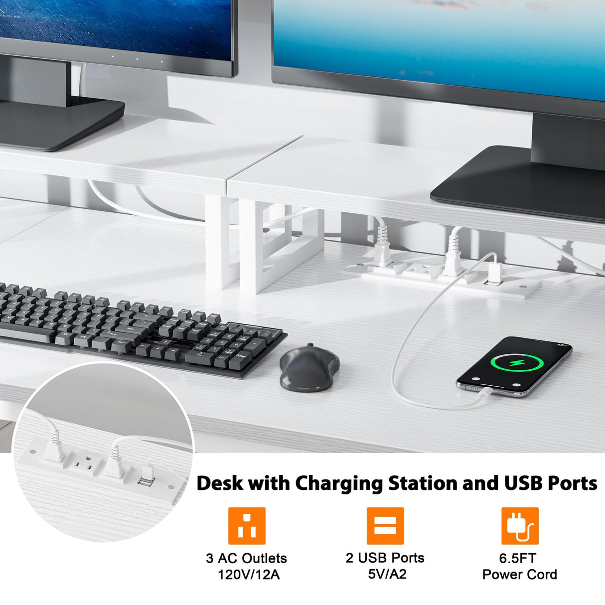 Furologee White Computer Desk with Drawer and Power Outlets, 55" Large Gaming Desk with Fabric File Cabinet and 2 Movable Monitor Shelves, Writing Table with CPU Stand and 2 Hooks for Home Office Furologee