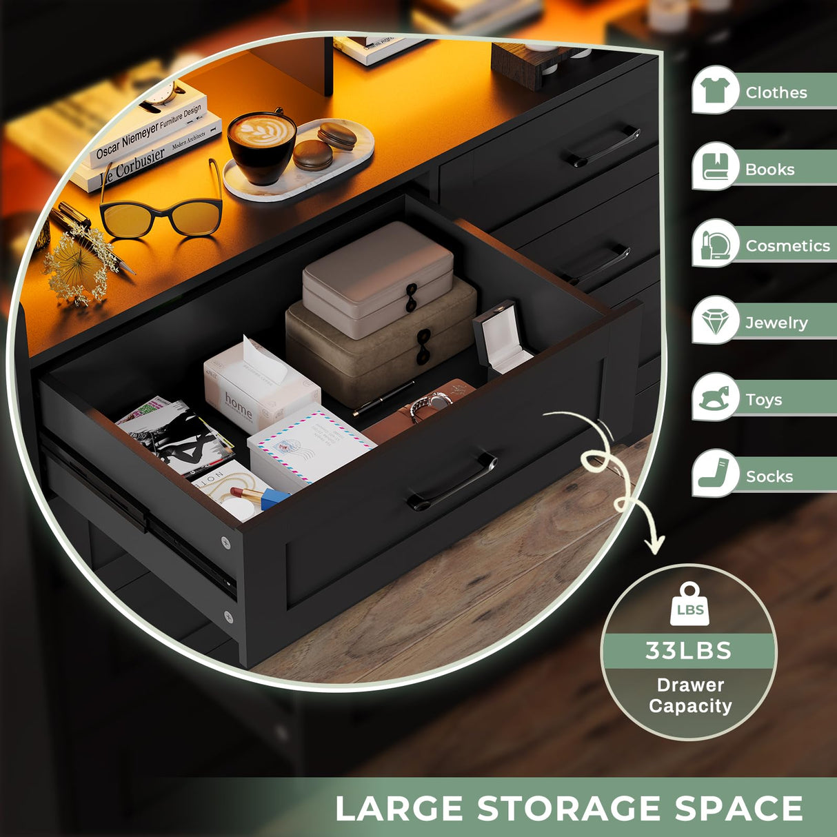 DICTAC LED Dresser for Bedroom, 6 Drawer Dresser with Charging Station, Chest of Drawers with Storage Cubby, Storage Organizer Unit for Bedroom, Closet, Living Room, Black DICTAC