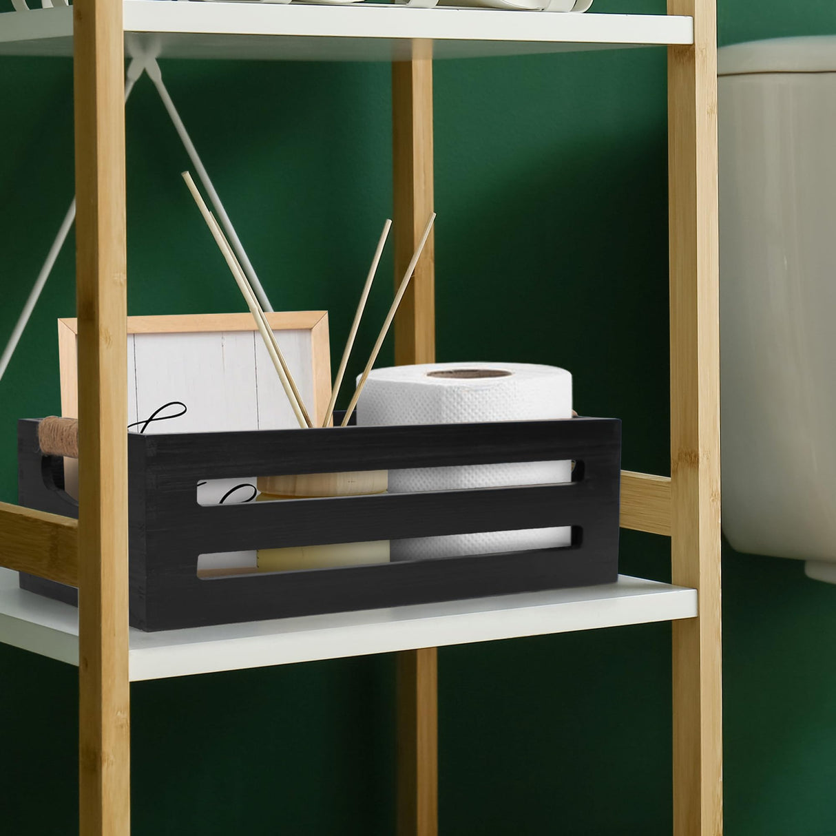 LotFancy Bathroom Decor Box, 2 Pack Toilet Tank Topper Basket, Wooden Bathroom Basket, Back of Toilet Storage Basket, Black Farmhouse Toilet Paper Holder LotFancy