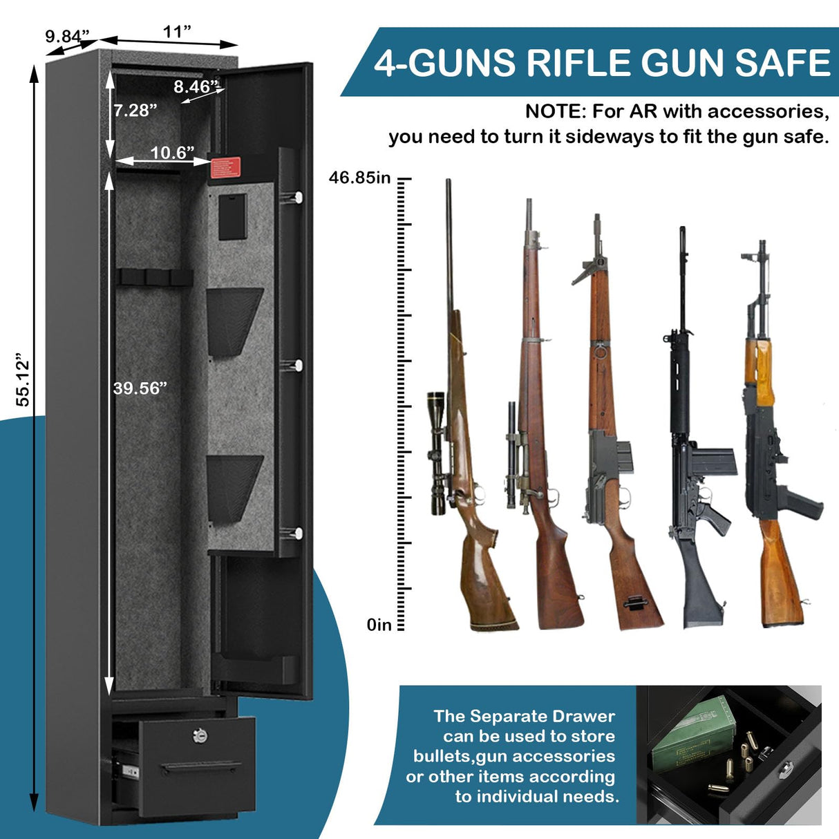 Gun Safe for Rifles and Pistols Gun Safes for 4 Rifles Gun Cabinet for Rifles and Shotguns Steel Rifle Safes for Home Clearance Gun Safe Gun Safes & Cabinets with Drawer Removable Shelf Gun Rack SAPITAL