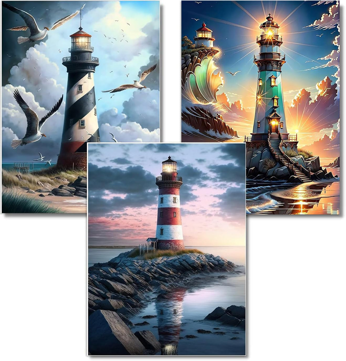 WUDWL Diamond Painting Kits for Adults - 3 Pack Lighthouse DIY 5D Diamond Art Kits Full Drill Diamond Dots Paintings with Diamonds Gem Art and Crafts Home Decor 12x16inch WUDWL