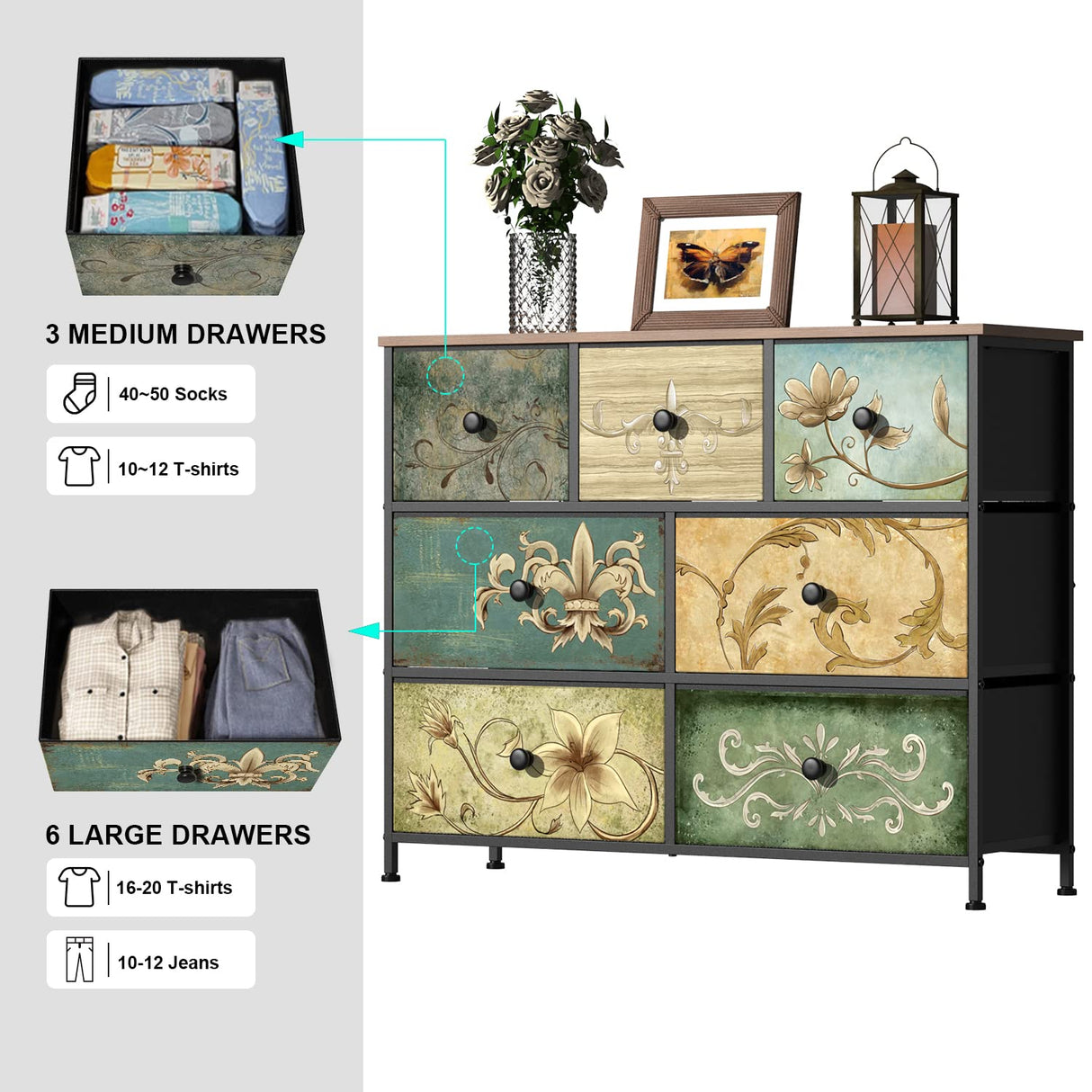 Tohomeor Dresser with Drawers for Bedroom Chest of Drawers Fabric Dresser for Closet,Nursery Entryway Hall Tree TV Stand for Living Room Retro Floral Pattern Drawers Wooden Top (7 Drawers) Tohomeor