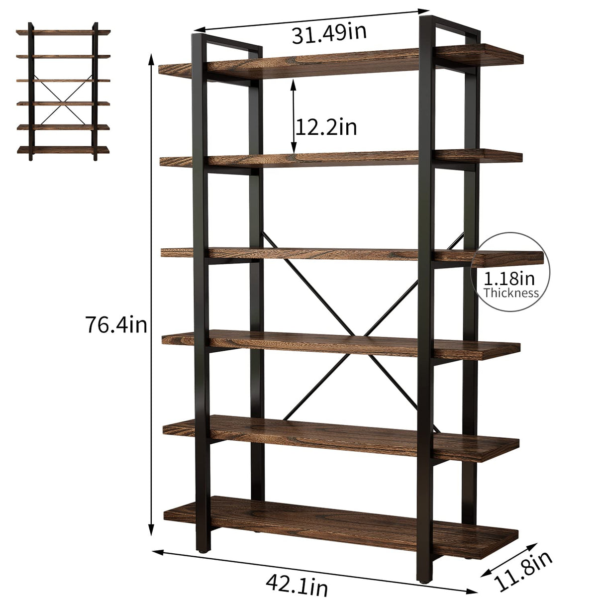 AY-AOYUAN Solid Wood Bookcase and Book Shelves Wood and Metal Shelving Unit 5 Tier Bookshelf Modern Rustic Open Bookshelf Office,Distressed Brown (AY-02-6Tier) AY-AOYUAN