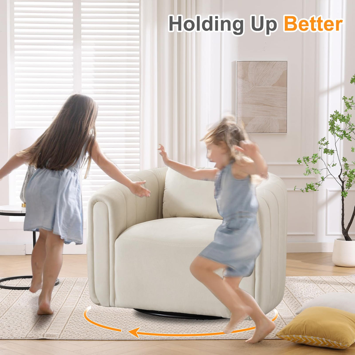 ANJ Swivel Barrel Chair Set of 2 with Plump Pillow, Modern Channel Dutch Velvet Accent Chair, Comfy Round Armchair, Swivel Accent Chair for Nursery Living Room Bedroom (Beige) ANJ