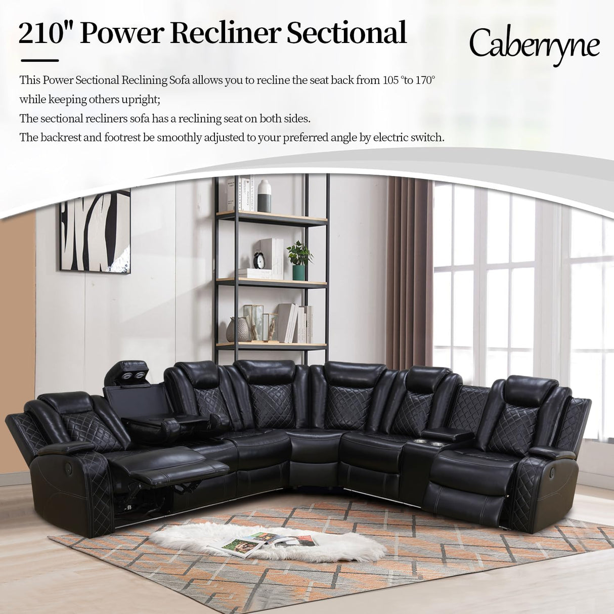 Caberryne Power Recliner Sofa Sectional Couch with LED Light for Living Room,Leather Reclining Corner Sectional Sofa with 2 Recliner Seats,Cup Holder,Storage Console for House/Home Theater, Black Caberryne
