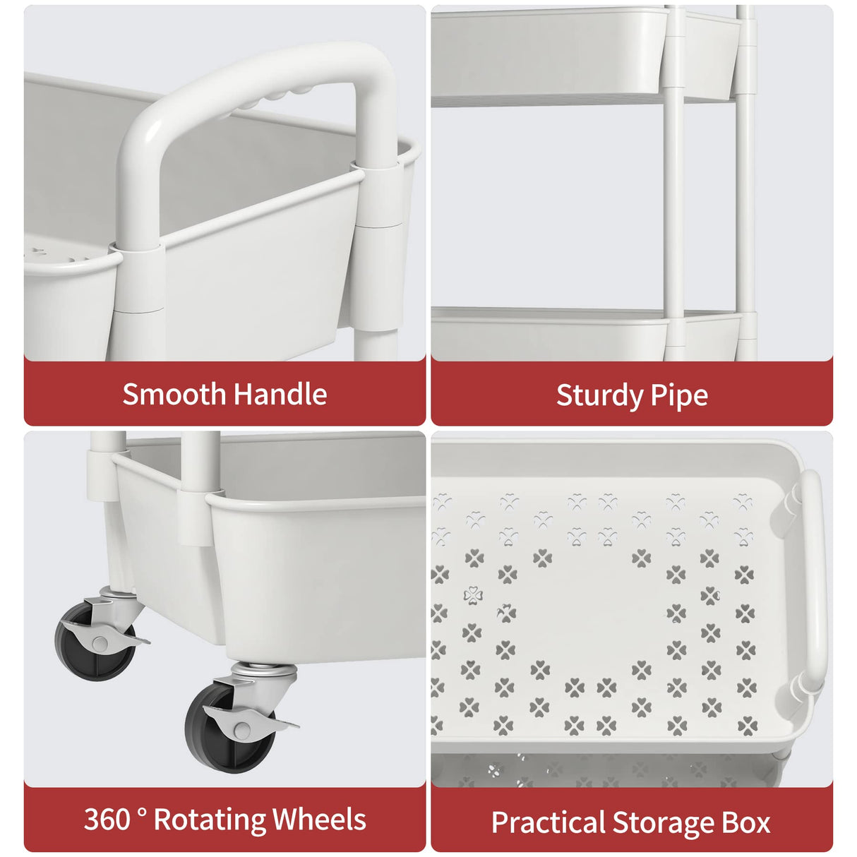 Sywhitta 4-Tier Plastic Rolling Utility Cart with Handle, Multi-Functional Storage Trolley for Office, Living Room, Kitchen, Movable Storage Organizer with Wheels, White Sywhitta