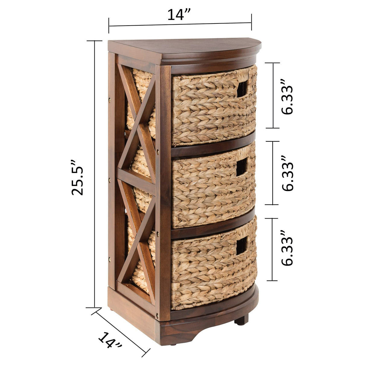 Hampton Meadows 3 Tier X-Side Corner Table Storage Cabinet with 3 Wicker Baskets, Walnut eHemco