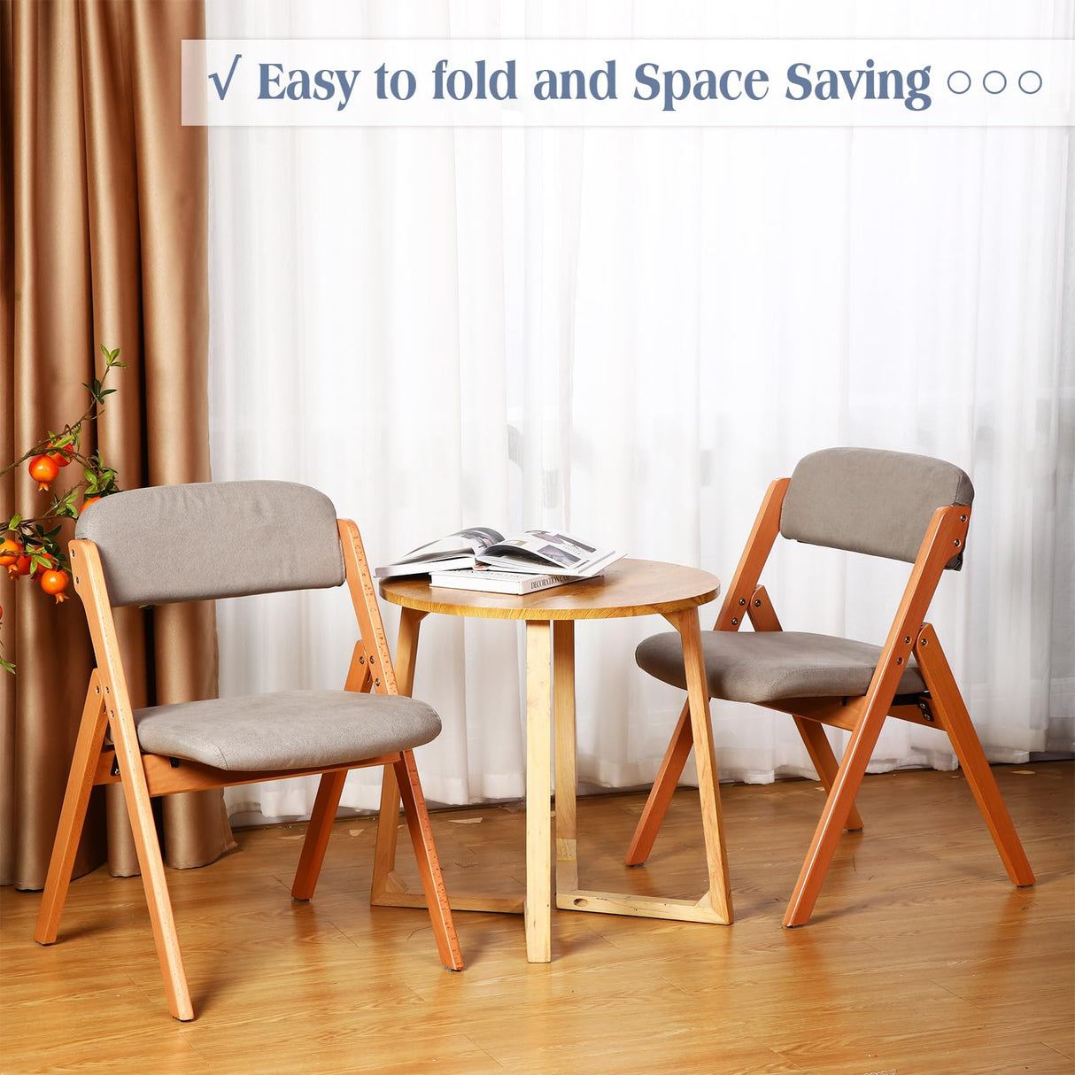 Kigley 2 Pack Folding Wooden Chairs with Padded Seats Foldable Dining Chairs Removable Cover Padded Stackable Wood Single Comfortable Chair for Home Office Wedding Party Events Indoor (Light Gray) Kigley