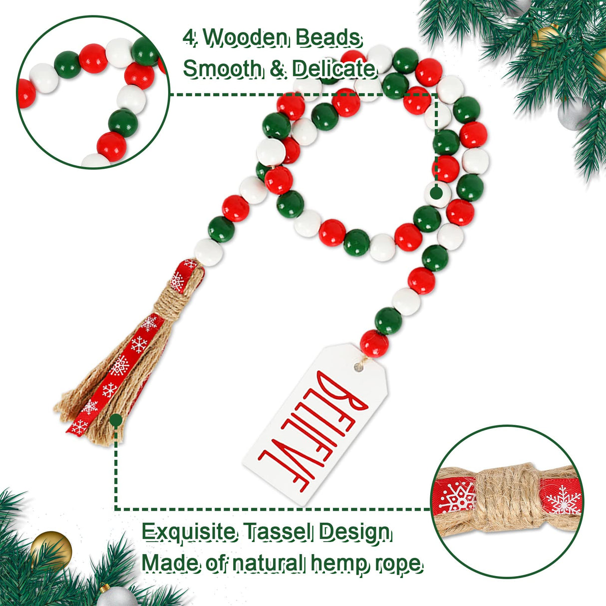Whaline 2Pcs Christmas Wooden Bead Garlands Xmas Natural Wood Bead Garland with Rope Tassel Classical Red Green Beads Hanging Decor for Farmhouse Tiered Tray Home Wall Decor Christmas Party Suppliers Whaline