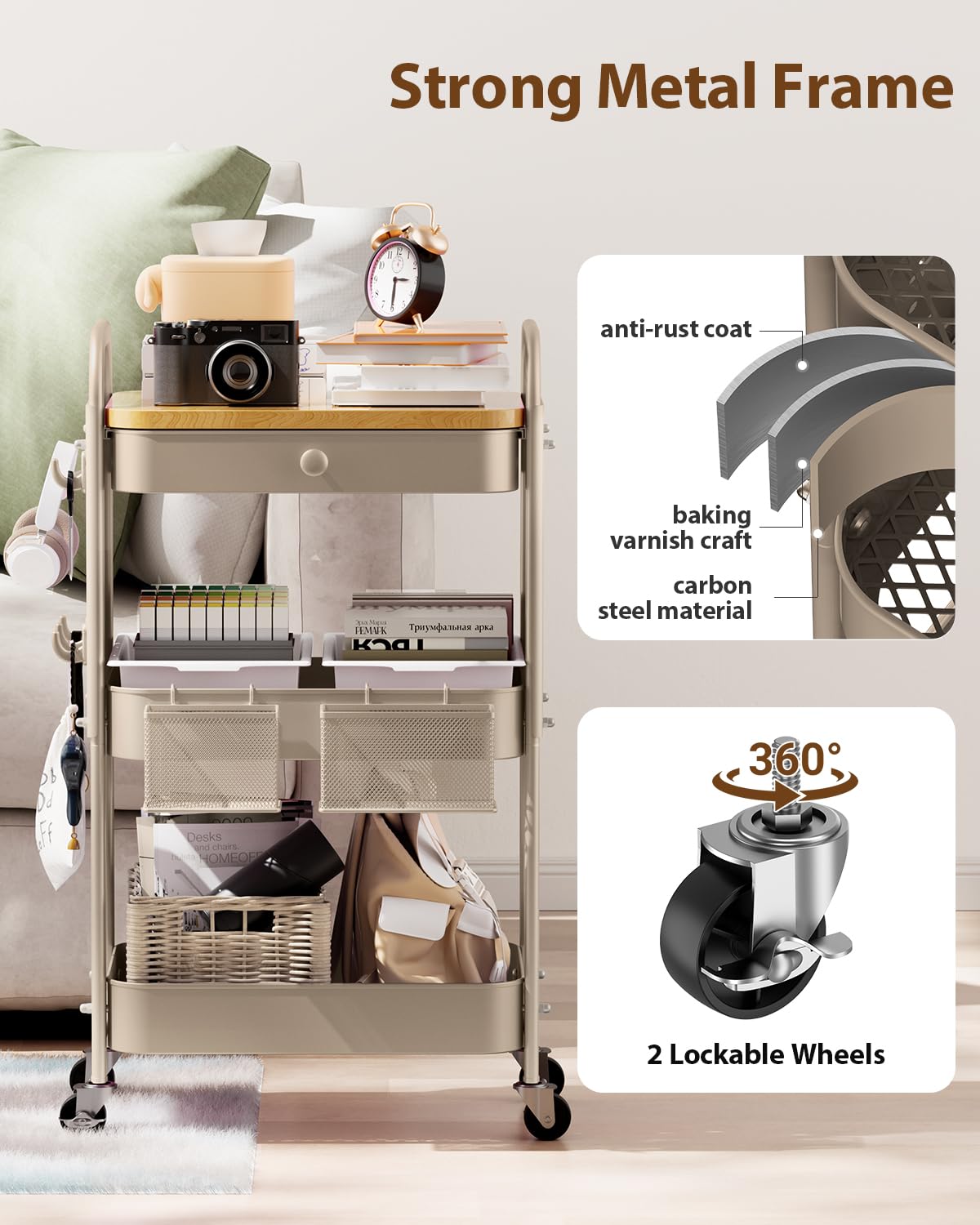 ALVOROG Rolling Cart with Drawer and Wood Table Top, 3 Tier Metal Rolling Utility Cart on Wheels with DIY Pegboards, Hanging Baskets, Hooks for Kitchen, Bedroom, Office, Craft Supplies ALVOROG