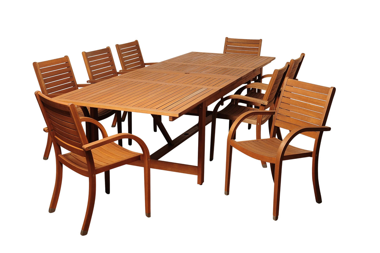 Amazonia Arizona 9-Piece Patio Rectangular Extendable Dining Table Set | Eucalyptus Wood | Ideal for Outdoors and Indoors Amazonia